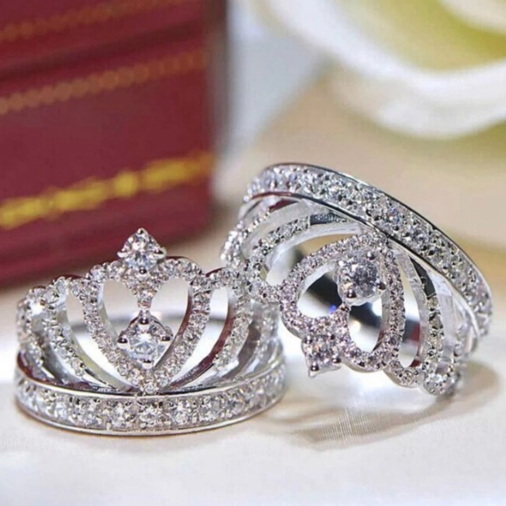 Silver Crown Shape Rhinestone Crystal Rings size 6 - Picture 4 of 8